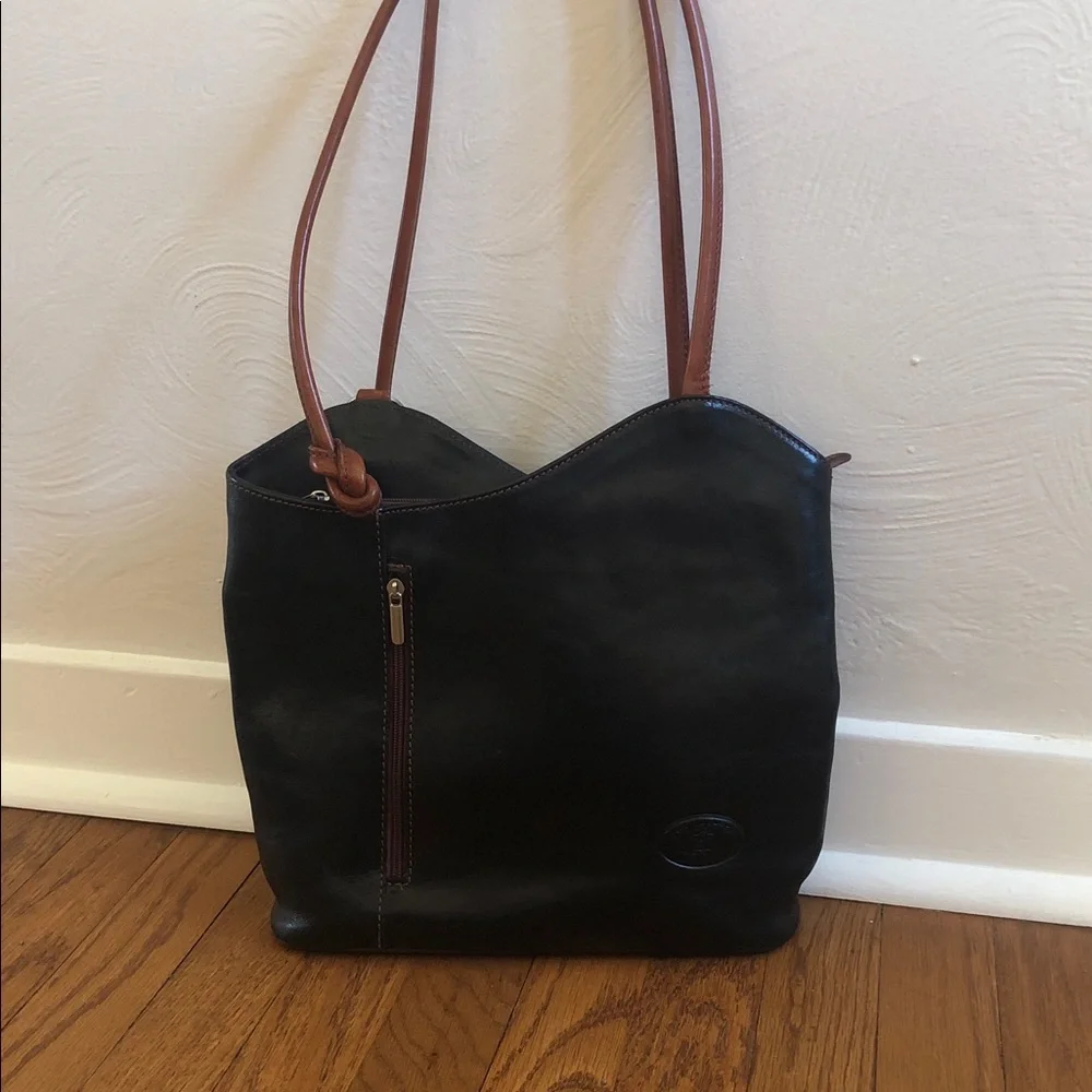 Vera Pelle Italian Leather Black/Brown Shoulder Backpack Bag